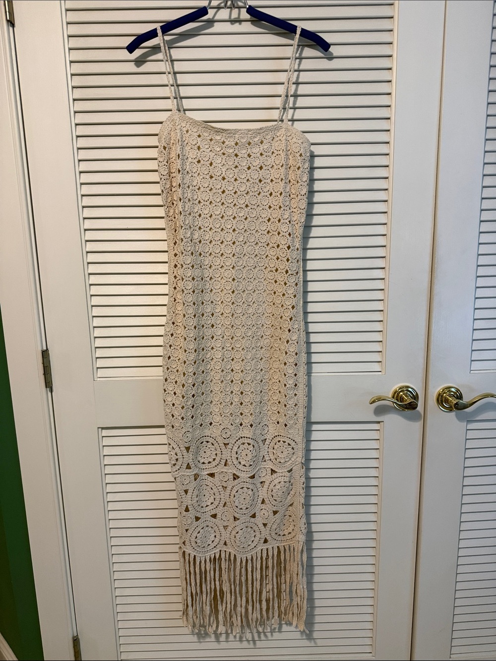 Torn by Ronny Kobo Cream Crochet Fringe Maxi Dress
